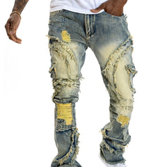 Vaqueros elásticos con flecos y patchwork para hombre, ligeramente acampanados