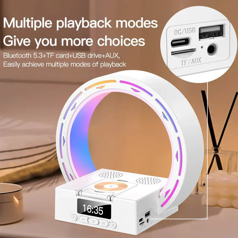 Altavoz inalámbrico 4 en 1 compatible con Bluetooth, base de carga, lámpara de noche con despertador, luz de despertador para dormitorio, compatible con unidad USB y tarjeta TF.
