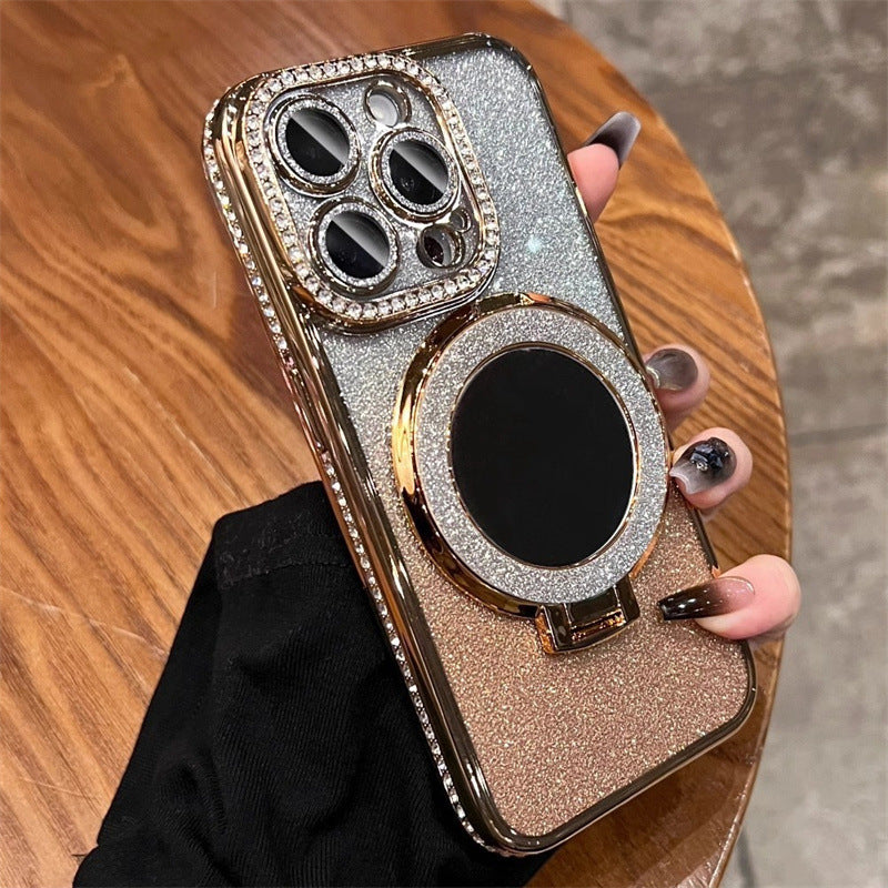 Funda protectora con purpurina para teléfono con soporte para espejo de maquillaje