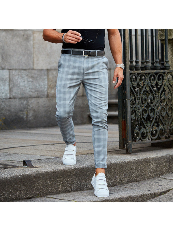 Pantalones con estampado de cuadros para hombre, pantalones casuales, sueltos y finos.