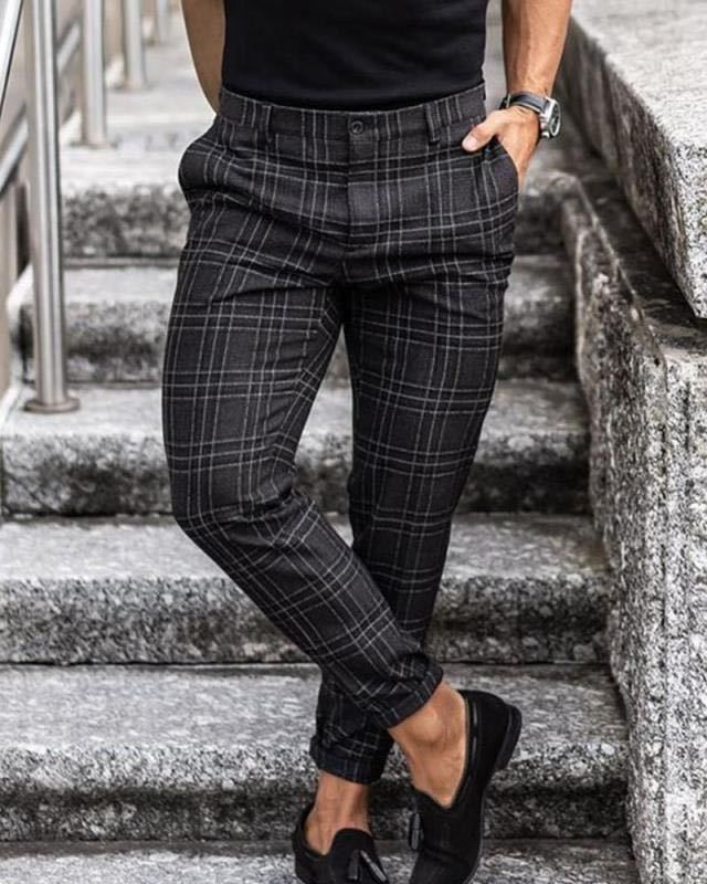 Pantalones con estampado de cuadros para hombre, pantalones casuales, sueltos y finos.