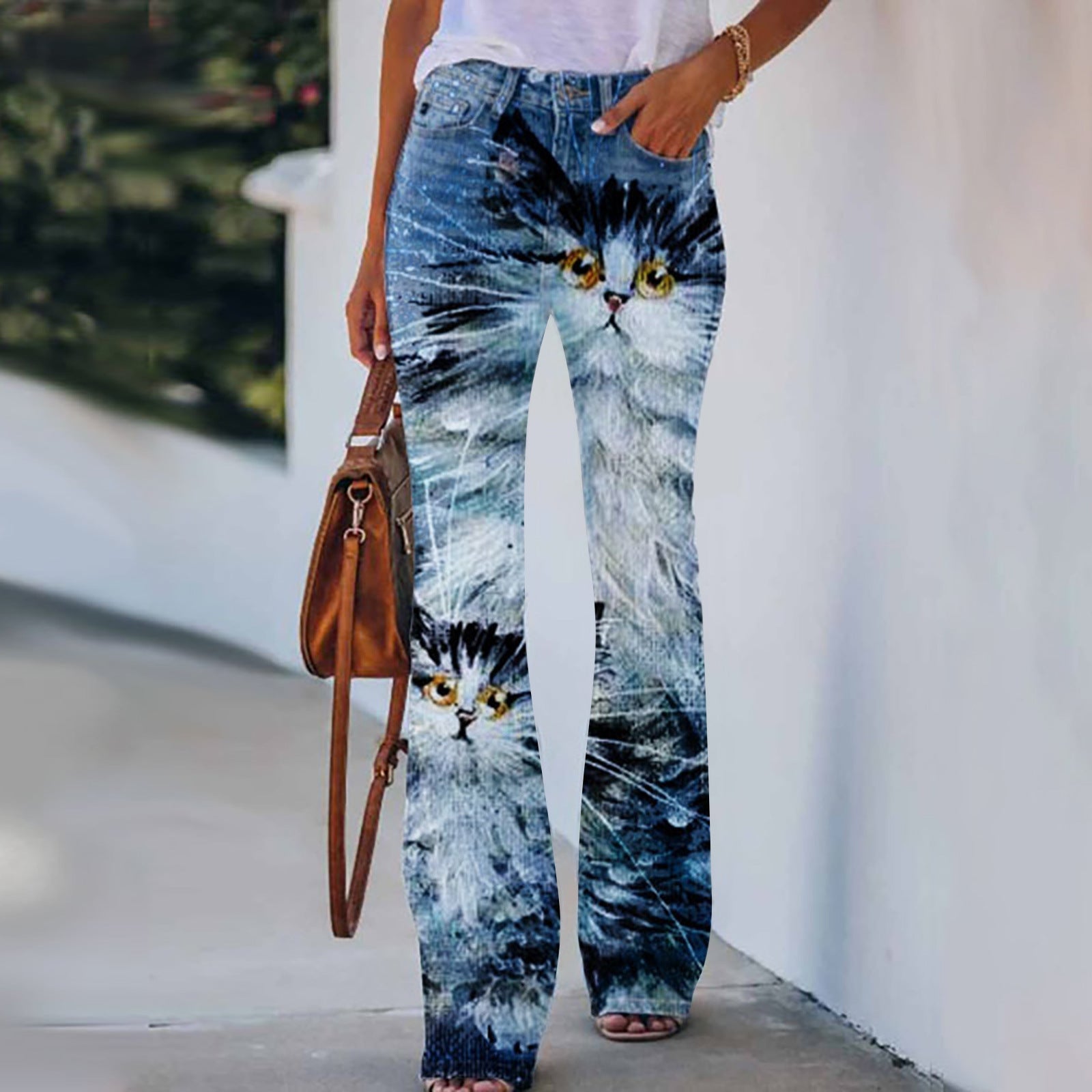 Pantalon d'été à imprimé fleurs et oiseaux pour femme