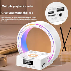 Altavoz inalámbrico 4 en 1 compatible con Bluetooth, base de carga, lámpara de noche con despertador, luz de despertador para dormitorio, compatible con unidad USB y tarjeta TF.