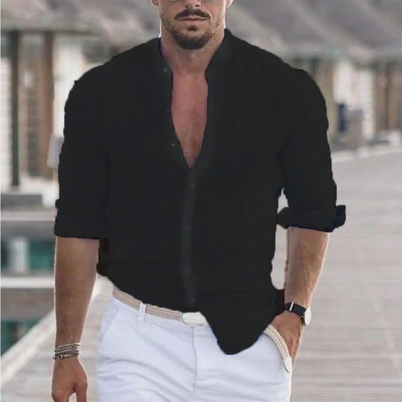 Chemise à manches longues pour homme avec boutons, style décontracté, couleur unie, pour le printemps et l'automne