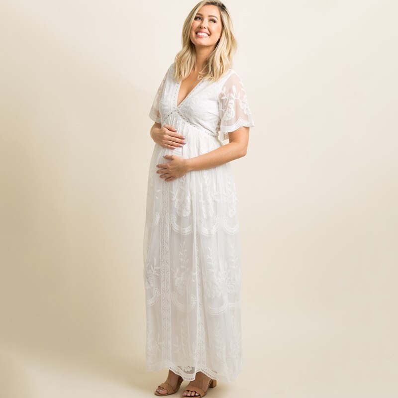 Robes de maternité pour séance photo, robe d'été à col en V, en dentelle blanche, manches courtes, robe de grossesse, robe longue pour femmes enceintes 