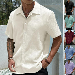 Camisa de manga corta de color liso para hombre, estilo casual, con solapa y botones.
