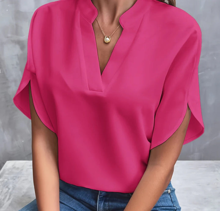 Camisa de gasa de manga corta de verano, nueva camisa con cuello en V, ropa informal versátil para mujer