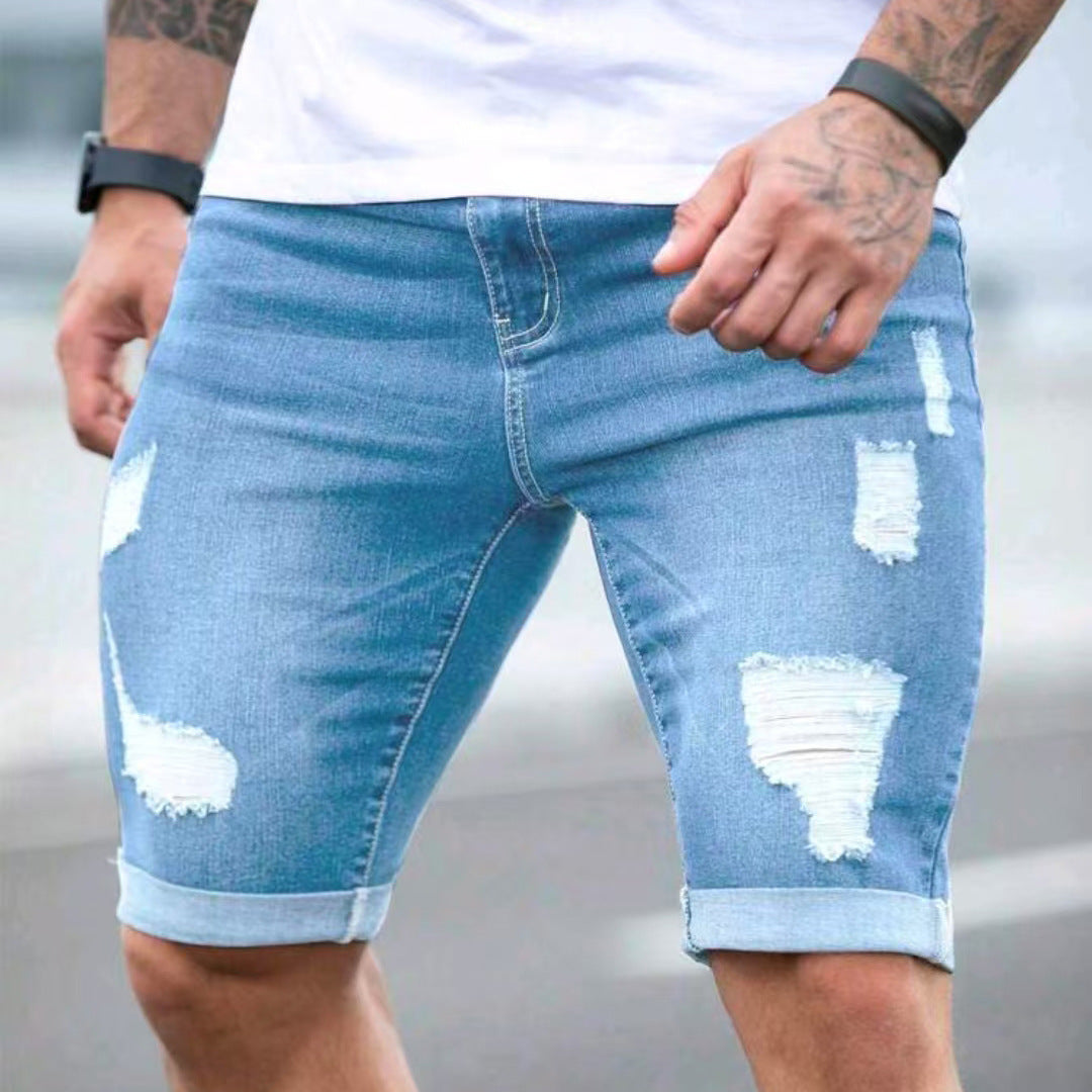 Shorts vaqueros de verano con diseño multiagujero en azul