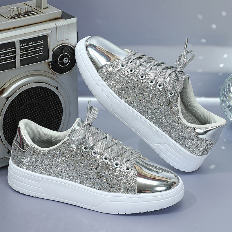 Chaussures plates à paillettes pour femmes, baskets tendance décontractées à lacets et semelles épaisses, chaussures de skateboard tendance