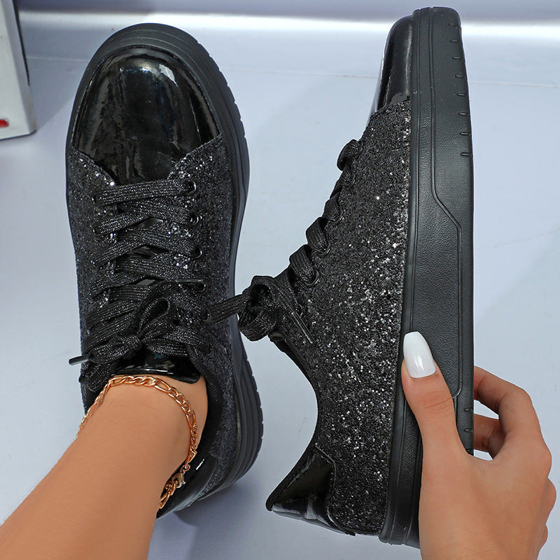 Chaussures plates à paillettes pour femmes, baskets tendance décontractées à lacets et semelles épaisses, chaussures de skateboard tendance