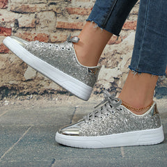 Chaussures plates à paillettes pour femmes, baskets tendance décontractées à lacets et semelles épaisses, chaussures de skateboard tendance