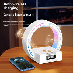 Altavoz inalámbrico 4 en 1 compatible con Bluetooth, base de carga, lámpara de noche con despertador, luz de despertador para dormitorio, compatible con unidad USB y tarjeta TF.