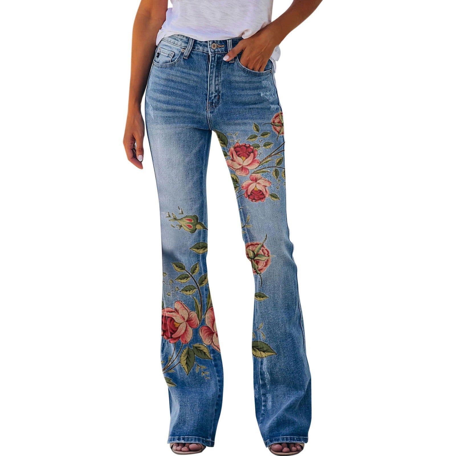 Pantalon d'été à imprimé fleurs et oiseaux pour femme
