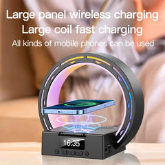 Altavoz inalámbrico 4 en 1 compatible con Bluetooth, base de carga, lámpara de noche con despertador, luz de despertador para dormitorio, compatible con unidad USB y tarjeta TF.