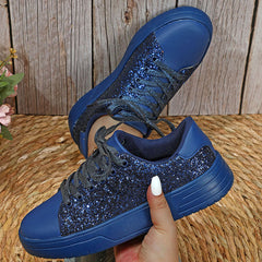 Chaussures plates à paillettes pour femmes, baskets tendance décontractées à lacets et semelles épaisses, chaussures de skateboard tendance