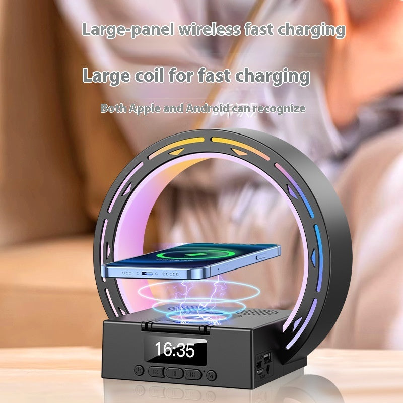 Altavoz inalámbrico 4 en 1 compatible con Bluetooth, base de carga, lámpara de noche con despertador, luz de despertador para dormitorio, compatible con unidad USB y tarjeta TF.