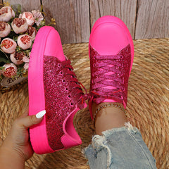 Chaussures plates à paillettes pour femmes, baskets tendance décontractées à lacets et semelles épaisses, chaussures de skateboard tendance