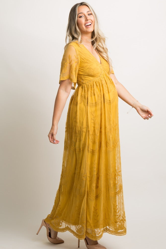 Robes de maternité pour séance photo, robe d'été à col en V, en dentelle blanche, manches courtes, robe de grossesse, robe longue pour femmes enceintes 