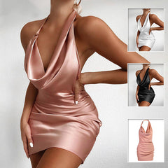 Robe de soirée en satin, col en V, dos nu, mini, sans manches, robe de soirée d'été