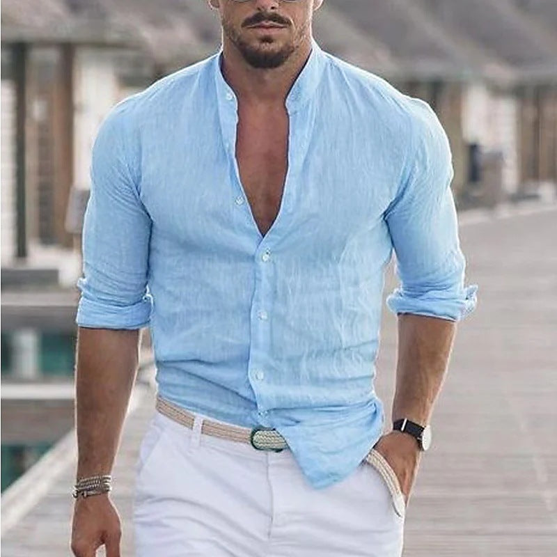 Chemise à manches longues pour homme avec boutons, style décontracté, couleur unie, pour le printemps et l'automne