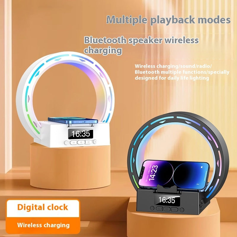 Altavoz inalámbrico 4 en 1 compatible con Bluetooth, base de carga, lámpara de noche con despertador, luz de despertador para dormitorio, compatible con unidad USB y tarjeta TF.