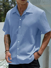Camisa de manga corta de color liso para hombre, estilo casual, con solapa y botones.