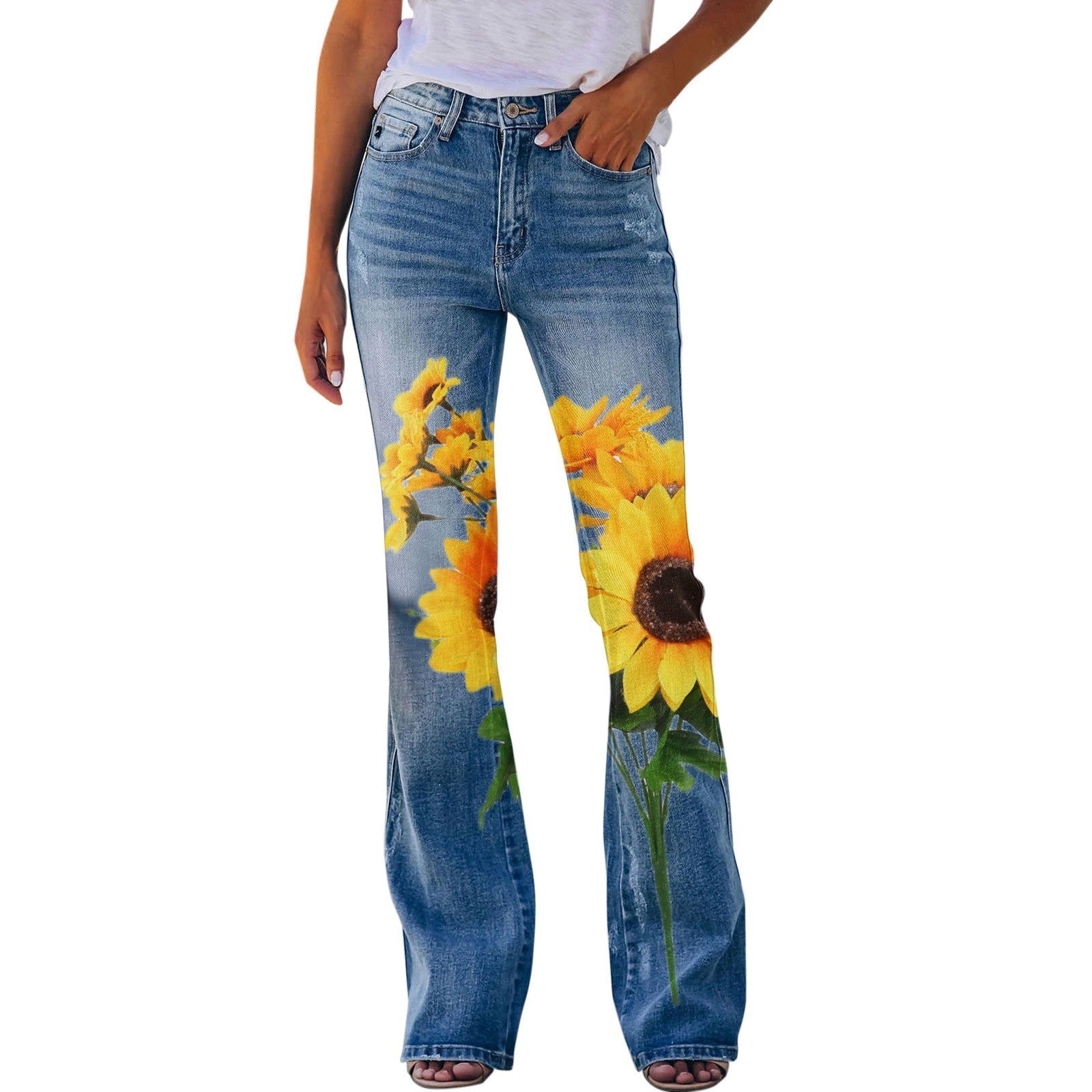 Pantalon d'été à imprimé fleurs et oiseaux pour femme