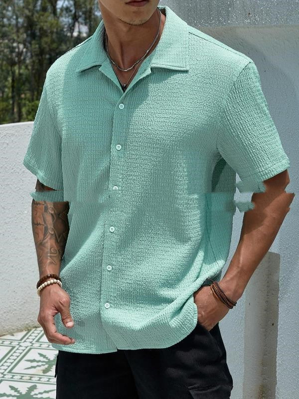 Camisa de manga corta de color liso para hombre, estilo casual, con solapa y botones.
