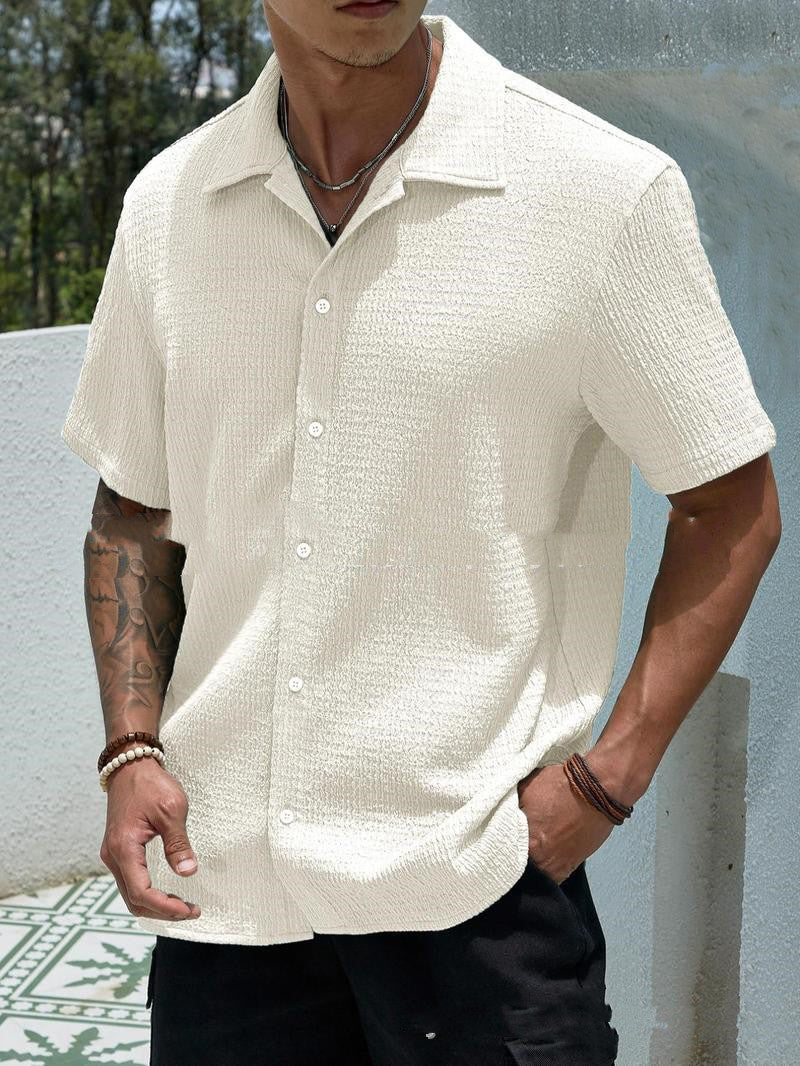 Camisa de manga corta de color liso para hombre, estilo casual, con solapa y botones.