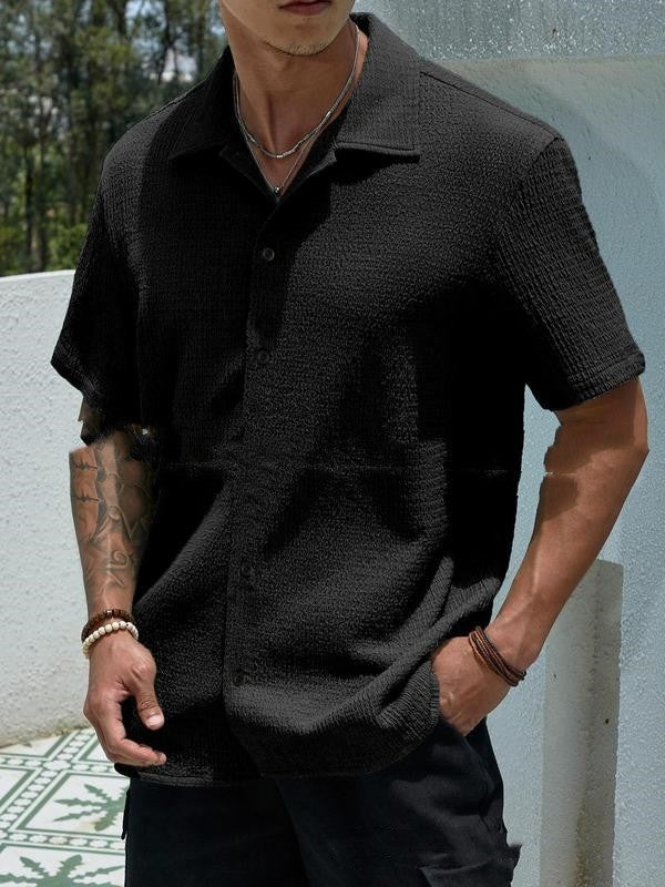 Camisa de manga corta de color liso para hombre, estilo casual, con solapa y botones.