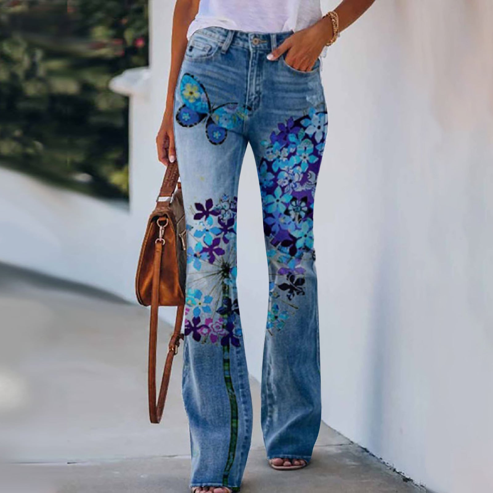 Pantalon d'été à imprimé fleurs et oiseaux pour femme