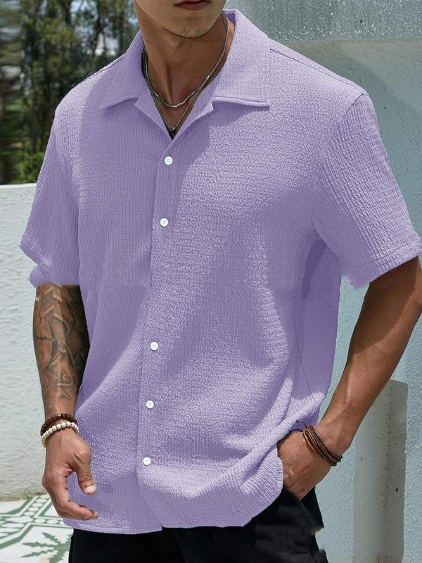 Camisa de manga corta de color liso para hombre, estilo casual, con solapa y botones.