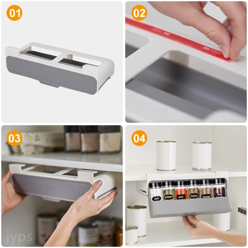 Estante de especias de cocina autoadhesivo para montar en la pared, debajo del estante, organizador de especias para botellas de condimentos, estante de almacenamiento de cocina