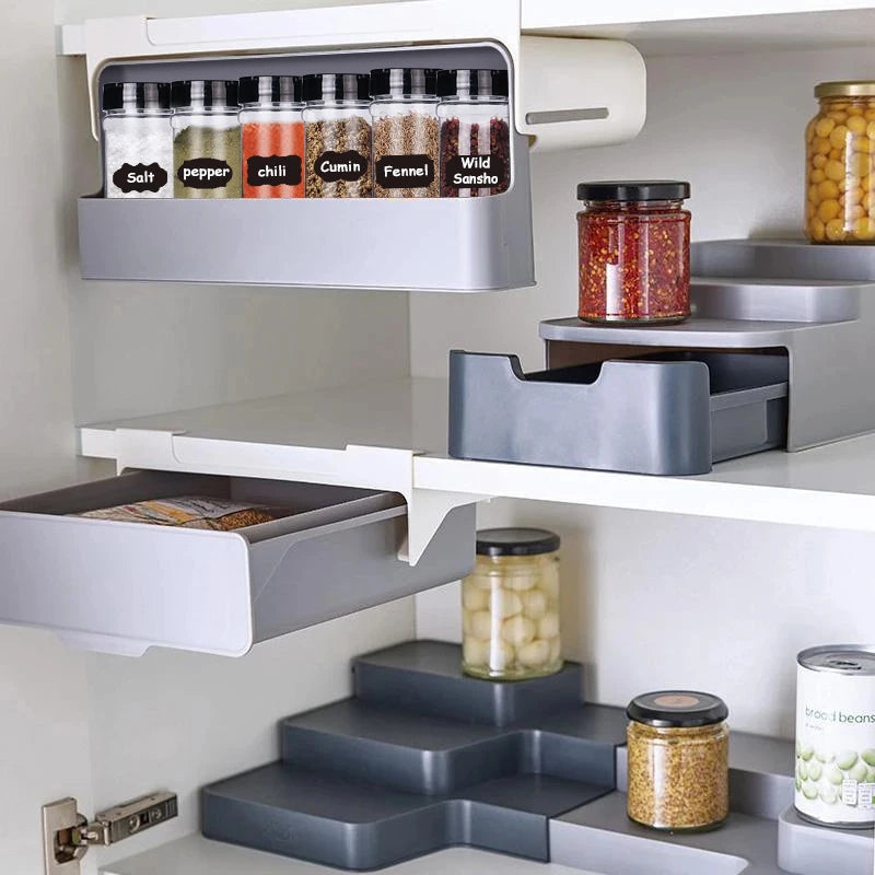 Estante de especias de cocina autoadhesivo para montar en la pared, debajo del estante, organizador de especias para botellas de condimentos, estante de almacenamiento de cocina