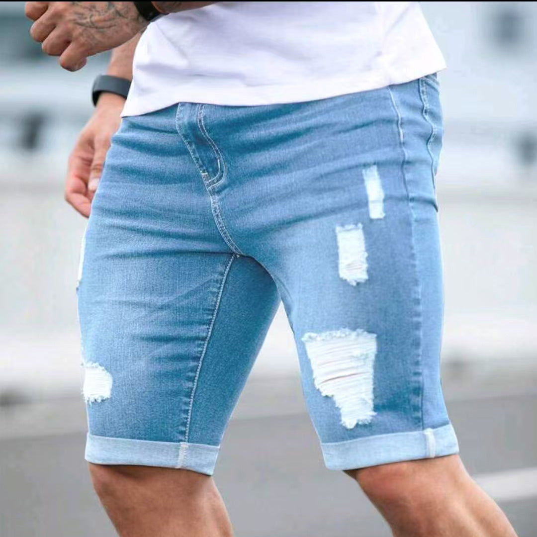 Shorts vaqueros de verano con diseño multiagujero en azul