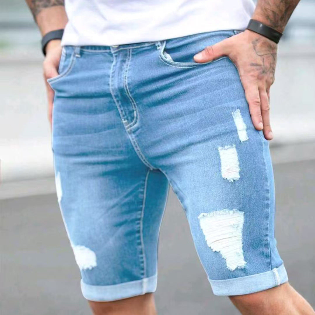 Shorts vaqueros de verano con diseño multiagujero en azul
