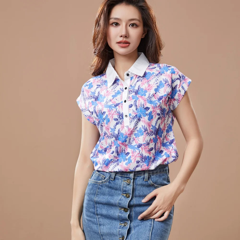 Blusa informal de gasa con cuello vuelto para mujer, estilo primavera-verano, holgada, con estampado, manga corta, DF3548