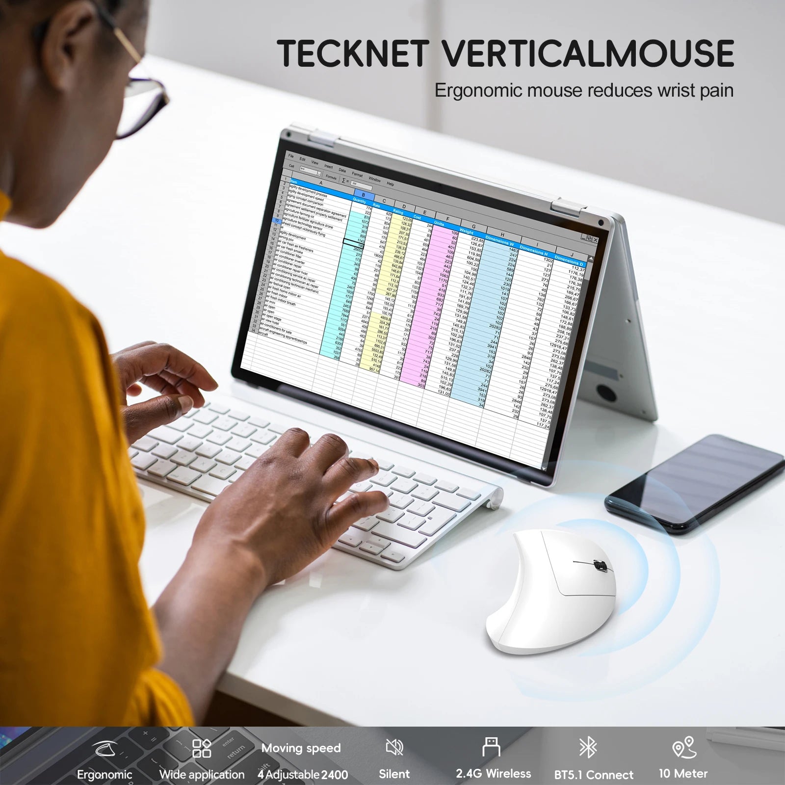 2025 New arrival HXSJ dual mode vertical mouse ergonomic ABS 600mAh rechargeable 2400DPI  Type-c interface wireless mouse for pc