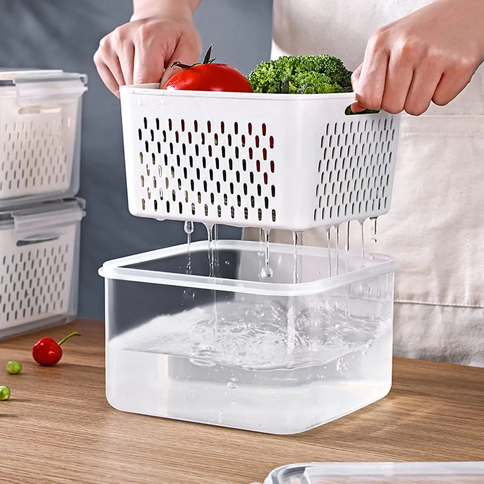 Lot de 3 boîtes de conservation pour réfrigérateur avec couvercles et passoire, boîtes de rangement pour fruits et légumes