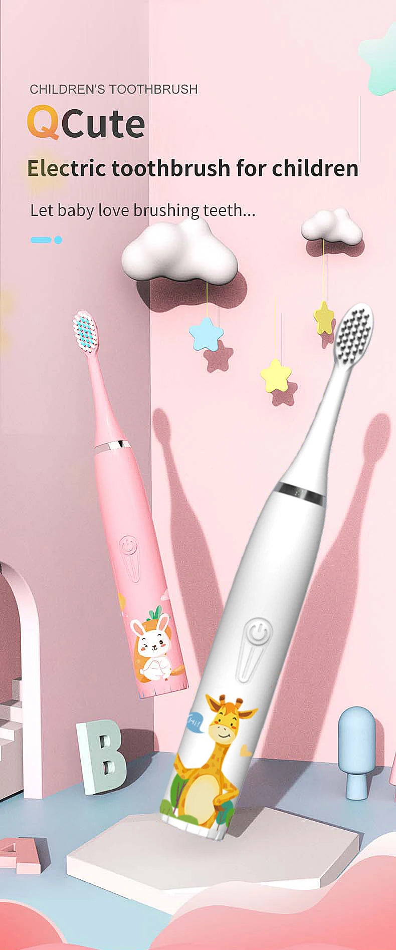 Children's Electric Toothbrush with 5 Replacement Heads Kids Cartoon Ultrasonic Sonic Battery Tooth Brushes Electric Toothbrush
