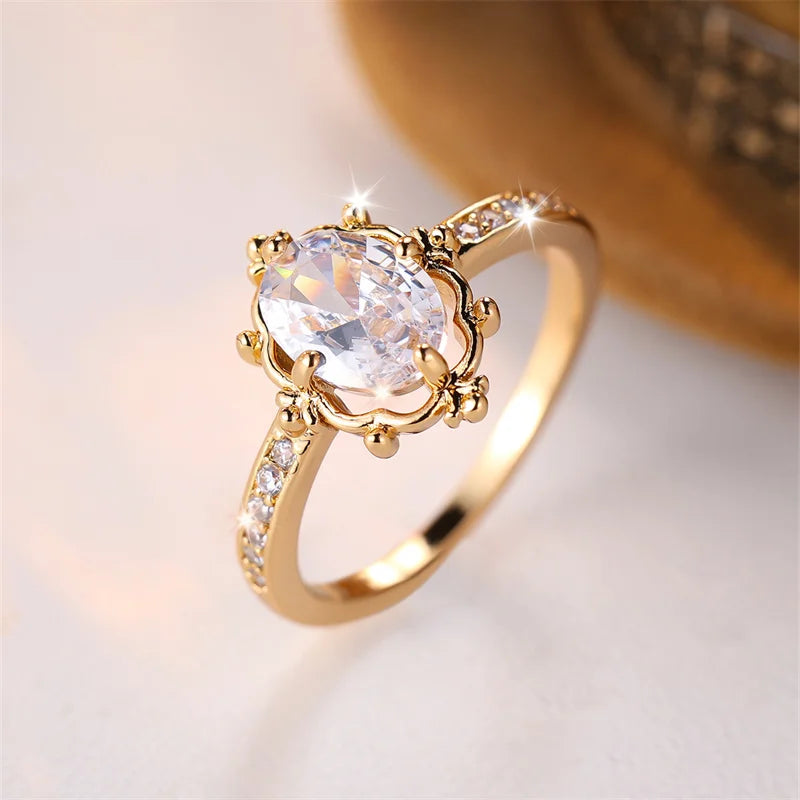 Delicate Female Oval Stone White Zircon Wedding Bands Antique Gold Color Promise Engagement Rings For Women Mothers Day Jewelry