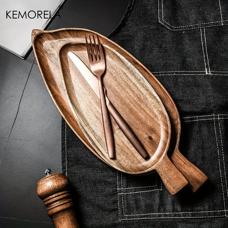 Japanese Style High Aesthetic Wooden Leaf Shaped Afternoon Tea Snack Tray,  Western Food Sushi Tray Dessert Fruits Dining Plate