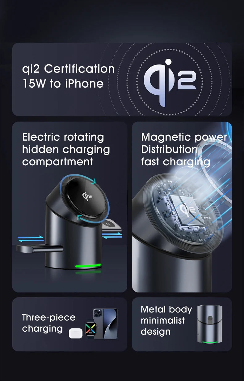 New Smart 15W Qi2 3 In 1 Magsafe Magnetic Autorotation Wireless Charger For iPhone iWatch Airpods Fast Charging Dock Station