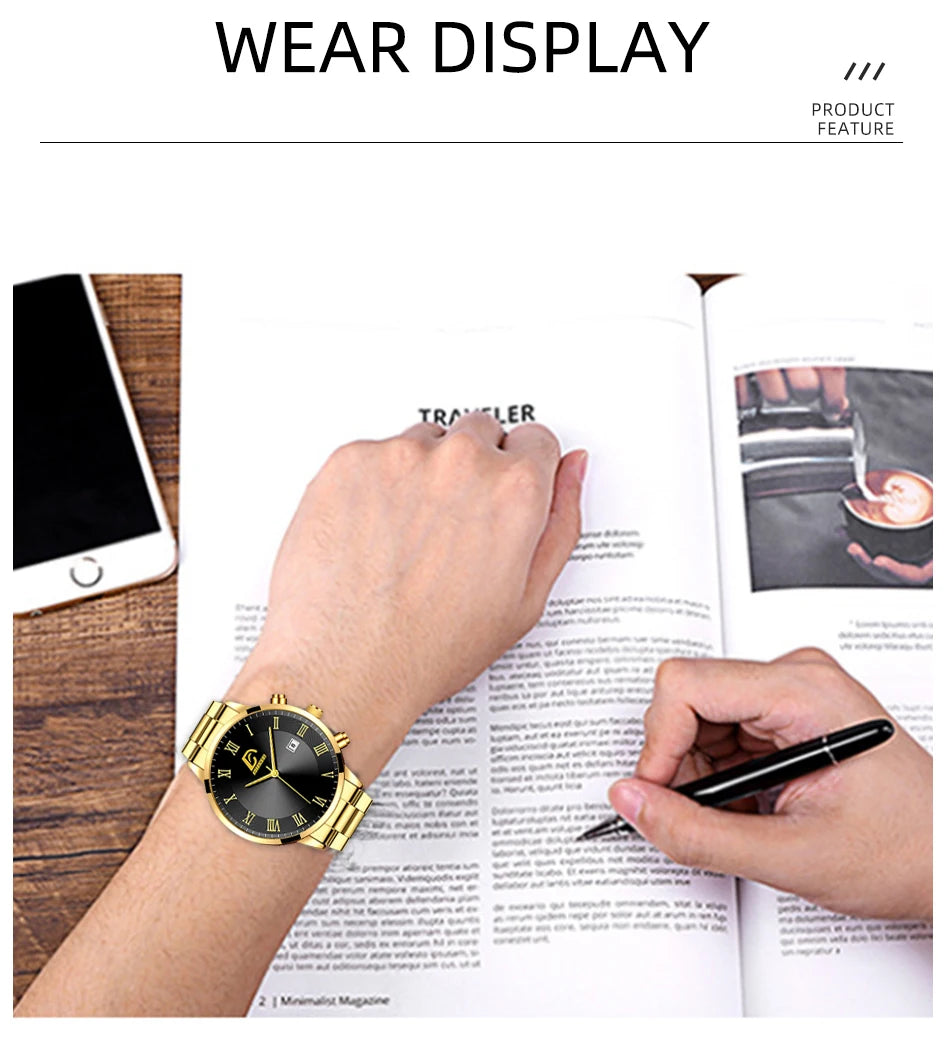 Montres à quartz minimalistes pour hommes, montre-bracelet de luxe en or, montre-bracelet pour hommes, montre-bracelet décontractée avec calendrier