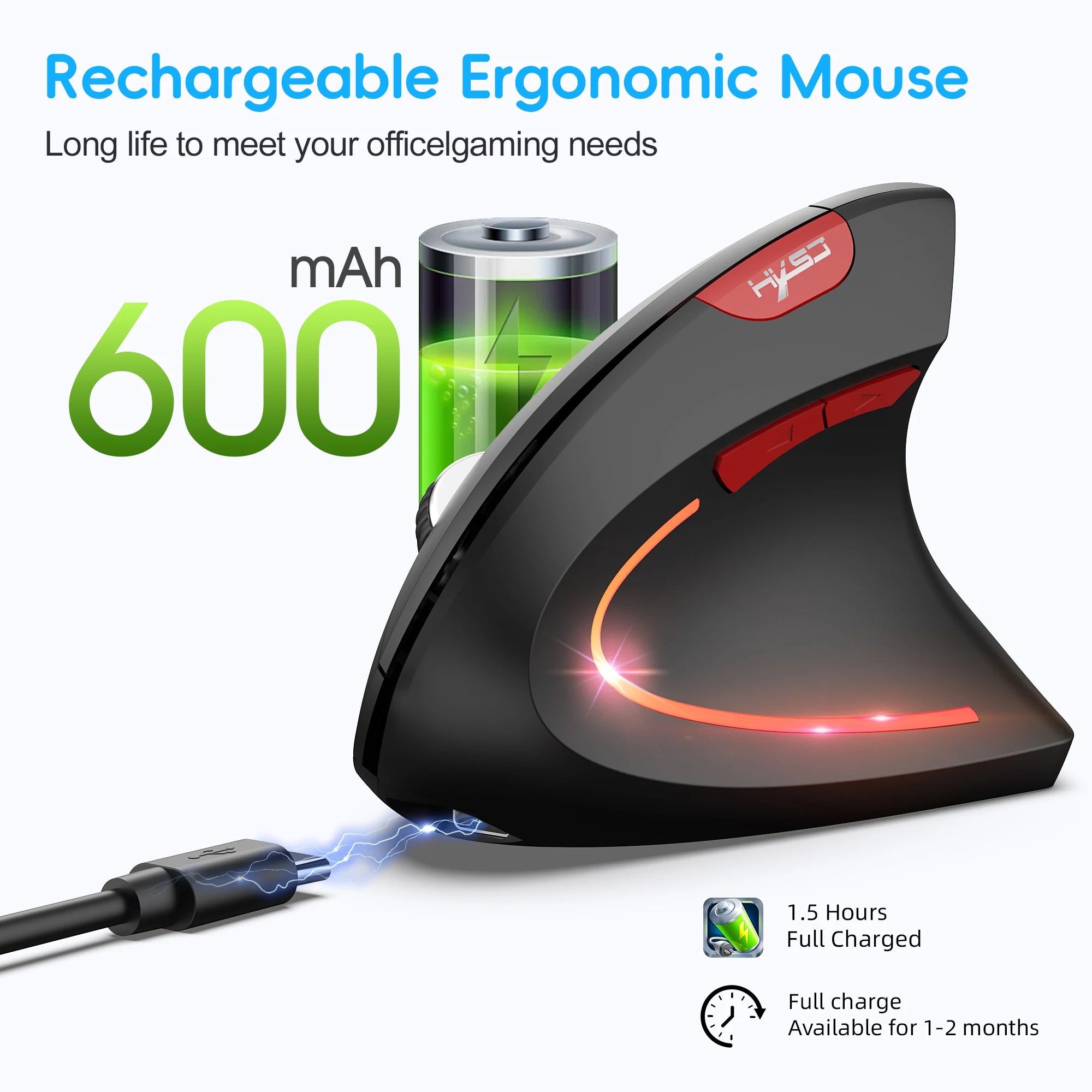 2025 New arrival HXSJ dual mode vertical mouse ergonomic ABS 600mAh rechargeable 2400DPI  Type-c interface wireless mouse for pc