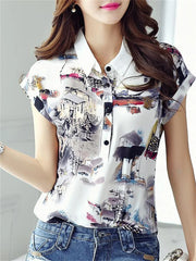 Blusa informal de gasa con cuello vuelto para mujer, estilo primavera-verano, holgada, con estampado, manga corta, DF3548