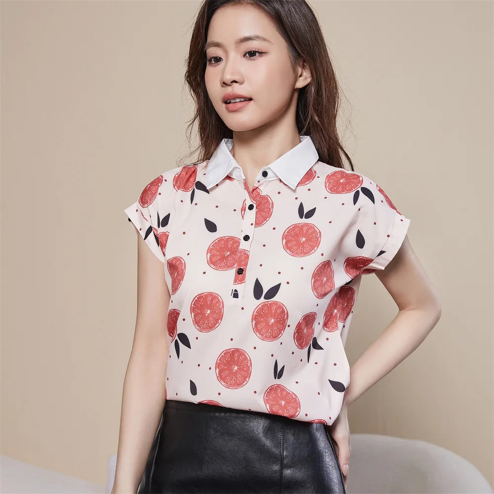 Blusa informal de gasa con cuello vuelto para mujer, estilo primavera-verano, holgada, con estampado, manga corta, DF3548