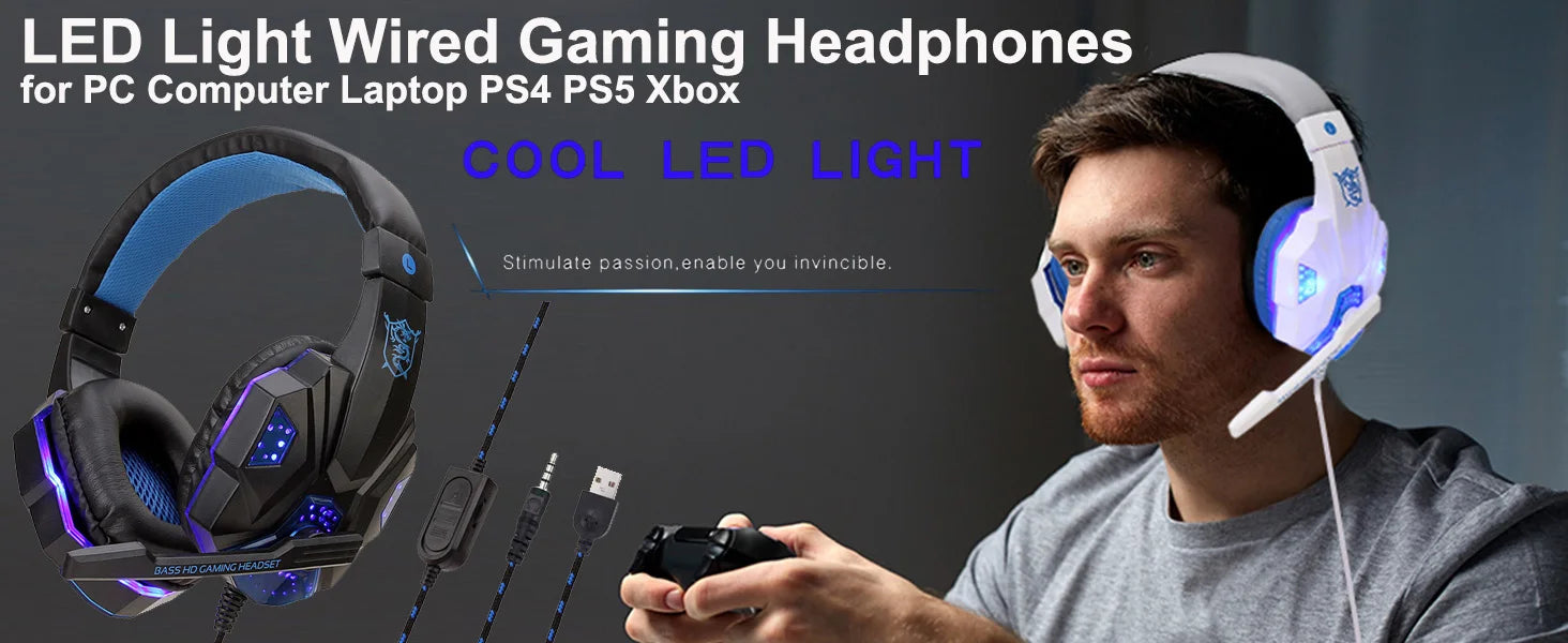 Auriculares para juegos con luz LED, micrófono, estéreo, graves profundos, para PC, portátil, PS4, Xbox