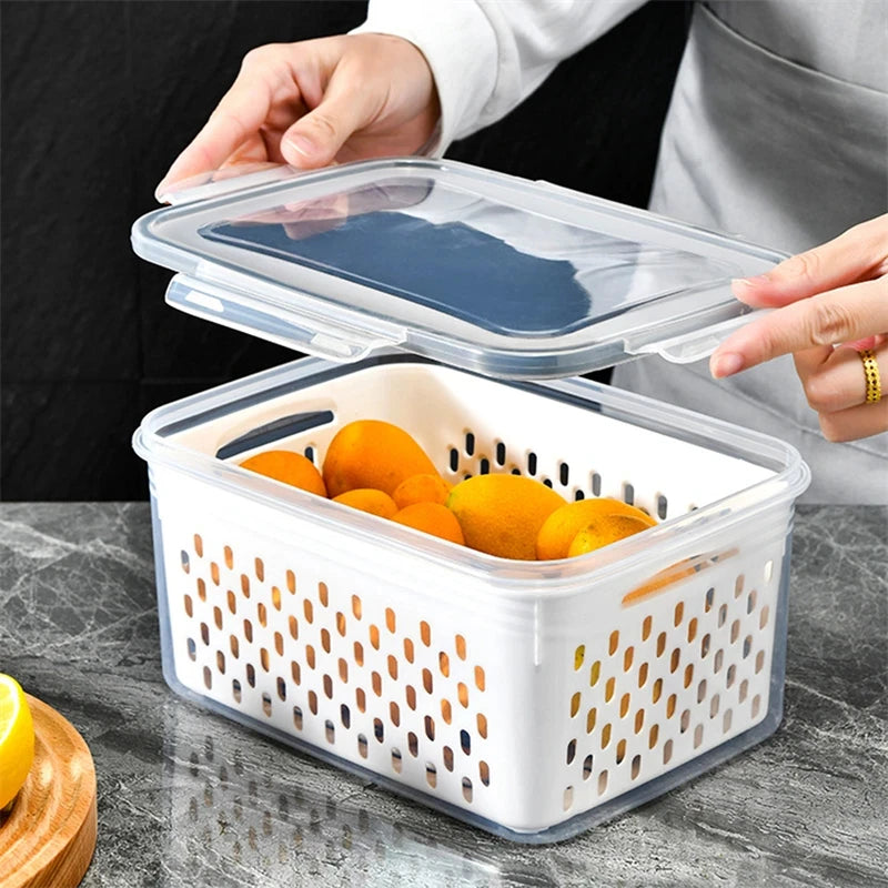 Lot de 3 boîtes de conservation pour réfrigérateur avec couvercles et passoire, boîtes de rangement pour fruits et légumes