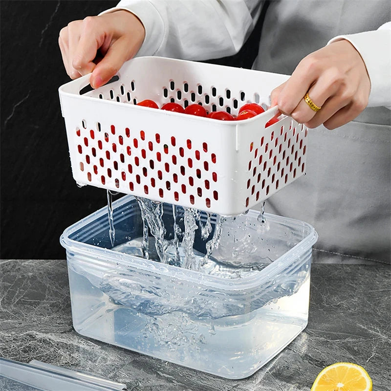 Lot de 3 boîtes de conservation pour réfrigérateur avec couvercles et passoire, boîtes de rangement pour fruits et légumes